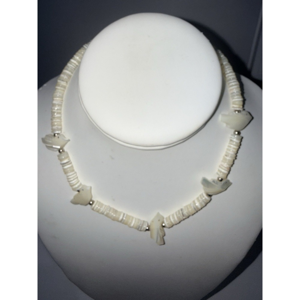 VTG Native American Heishi Bead Bird Necklace Carved Fetish Choker Necklace 15.5